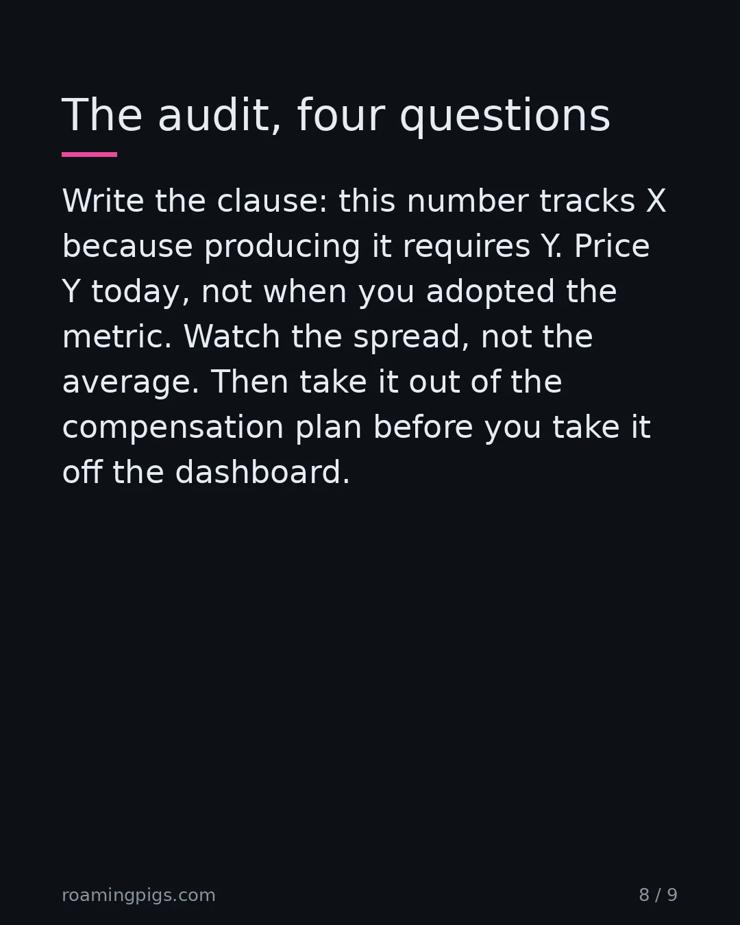 Slide 8 of 9: The audit, four questions. Write the clause: this number tracks X because producing it requires Y. Price Y today, not when you adopted the…