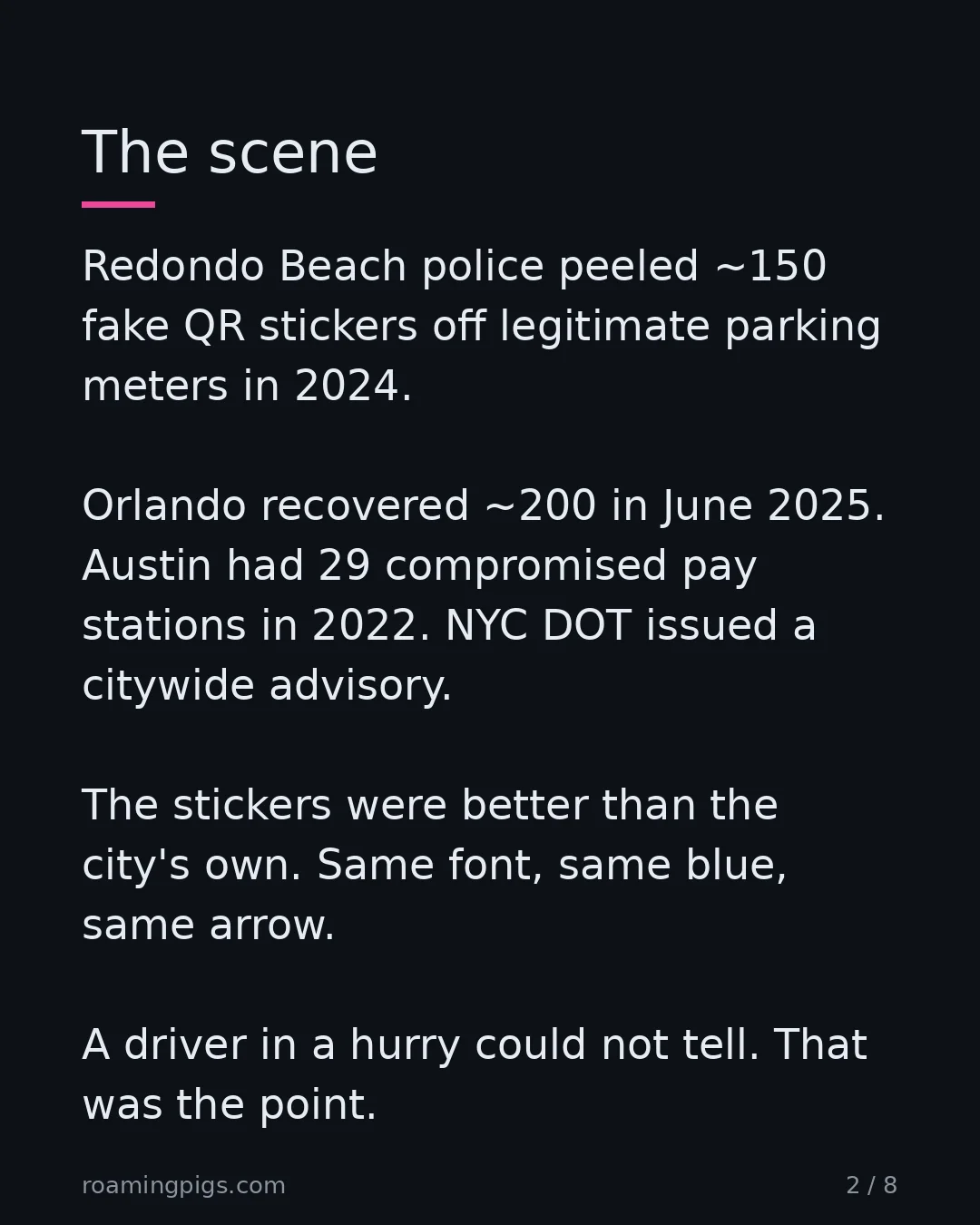 Slide 2 of 8: Fake QR stickers peeled off real parking meters